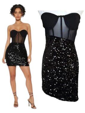 Fashion Nova Sequin Mini Dress Black Strapless Mesh Corset M
